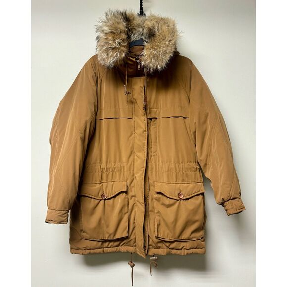 CABELA'S Cognac Goose Down Canadian Coyote Fur Trim, Hooded Coat, Sz M - Picture 1 of 16